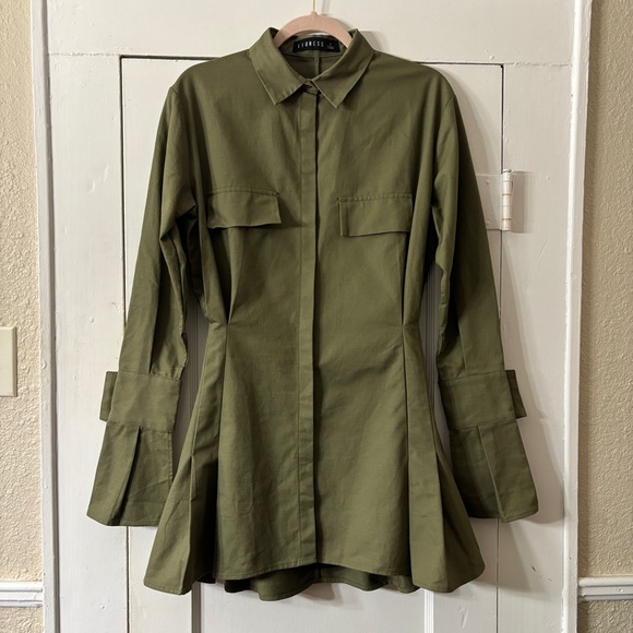 Lioness Olive Green Slim Pleated Mini Shirtdress - Picture 2 of 14